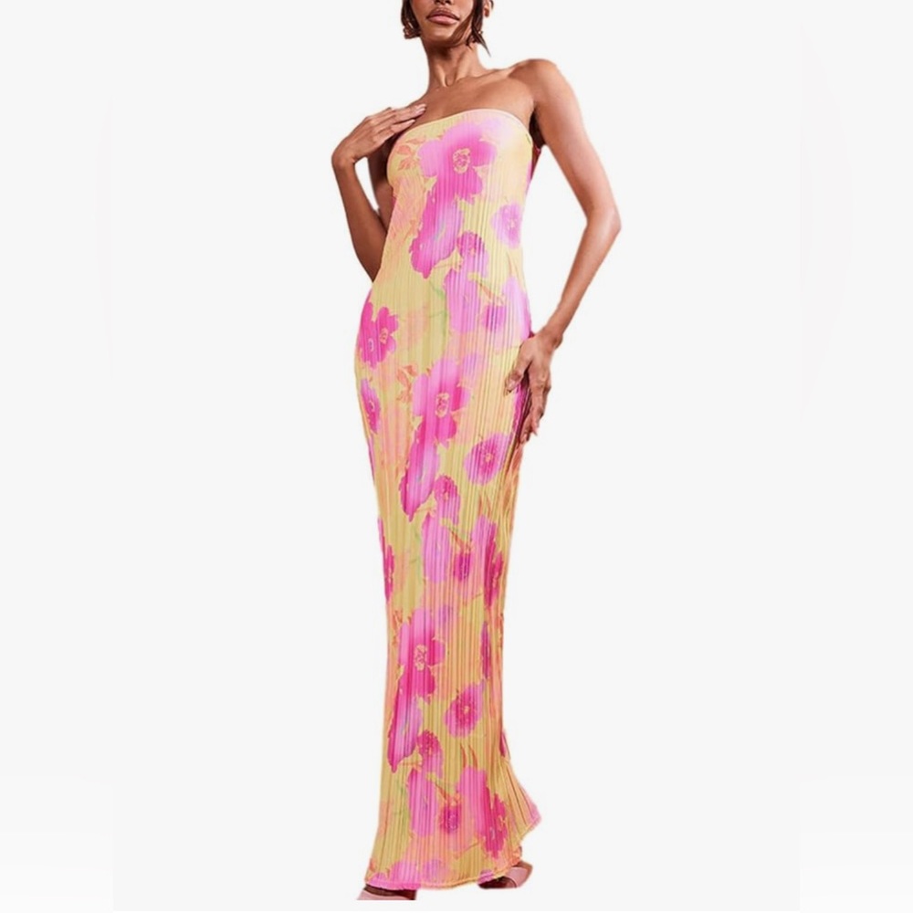 KMBANGI Womens Pink Floral Pleated Tube Maxi Dress Strapless Backless Party XL